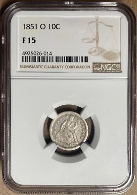 1851-O NGC F15 Liberty Seated Dime 10c - New Orleans Mint - Image 1 of 2