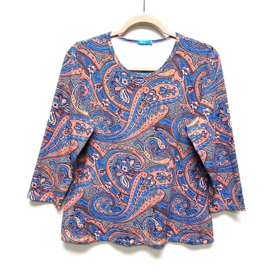 Top J. Mclaughlin Azul Naranja Firma Mini Hoja Paisley Manga 3/4 Estampado XL Foto 1 de 4
