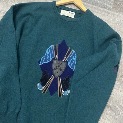 Vintage Pringle Of Scotland Nick Faldo Jumper 100% Wool Green Blue Size 50 Inch - Image 1 of 4