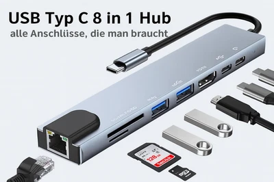 USB-C Hub 8-IN-1 Adapter 4K HDMI USB 3.0 LAN RJ45 Ethernet Micro SD Kartenleser - Bild 1 von 4