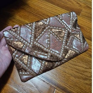 Bolso sin asas vintage Shirdee Twee Coquette retro rosa y bronce con cuentas - Imagen 1 de 13