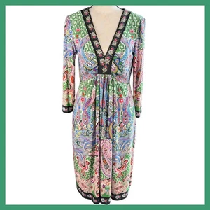 Muse Multicolor Paisley Print Dress Floral Trim V Neck Long Sleeve - Picture 1 of 10