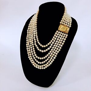 18K Estate Heavy Multi Strand Pearl Necklace Large Yellow Gold Clap NR