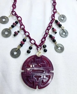 Oriental Symbol Carved Carnelian Necklace w/ Coin Accents NWT - Picture 1 of 5