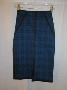 WOMENS MUSTARD SEED BLUE/BLACK PLAID SKIRT W/FAUX LEATHER TRIM - SZ S - Picture 1 of 7