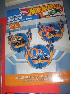 HOT WHEELS HONEYCOMB PARTY DECORATIONS - 3PC SET - BRAND NEW  - Picture 1 of 2
