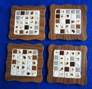 Vintage, Handmade Mosaic Tile Wood Grain Coasters with Scalloped Edges, Set of 4 - Picture 1 of 3