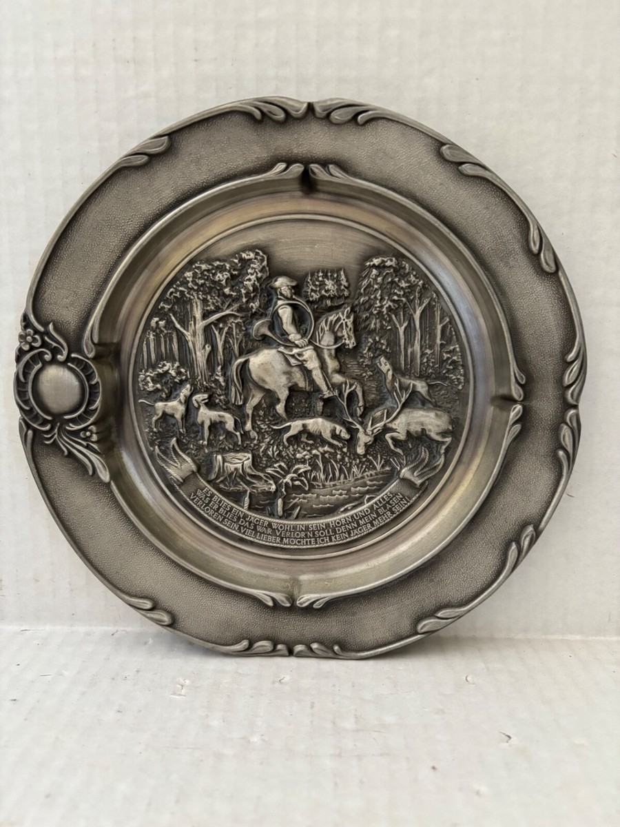 ⛰SKS Zinn Groβes Windlight 【Jagdmotiven】 VINTAGE SKS-ZINN 95% PEWTER RELIEF HUNTING SCENE WALL PLATE