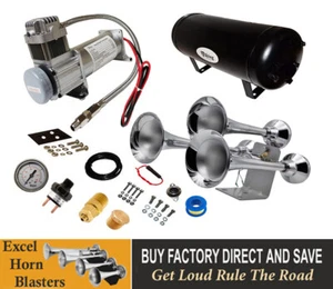 Loud 152dB LOW-PITCH, 3-TRUMPET-AIR-HORN-KIT +1.5GL-TANK / 200PSI AIR-COMPRESSOR - Picture 1 of 5