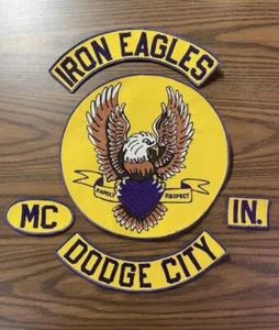 Nice Vintage MC Motorcycle Club Patch Cut Set Embroidered Iron Eagles Dodge City - Picture 1 of 8