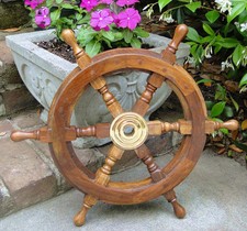 Ships Steering Wheel 18 Inch Wooden Antique Style Teak Brass Nautical Beach