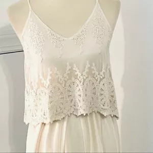 Maxi abito LTX crema avorio strati pizzo trasparente taglia 6 cinturino spaghetti matrimonio - Foto 1 di 8