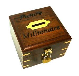 Caja de dinero de madera para futuros millonarios con cerradura y llave - Imagen 1 de 5