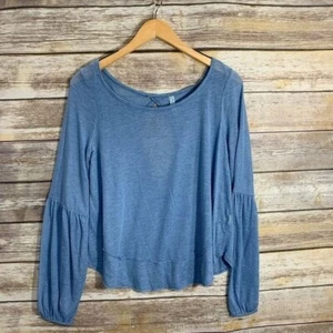 Free People Balloon Sleeve Blue Keyhole Back Top Boat Neck Size Small - Picture 1 of 6