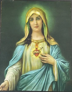 Antique Immaculate Sacred Heart of Mother Mary Religious Lithograph Print 14"x11 - Picture 1 of 9