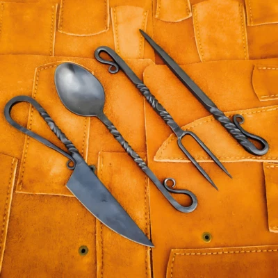 Hand Forged 25Pc Spoon Fork Knife Viking Medieval Feastware Cutlery Set W/ Cover - Image 1 of 4