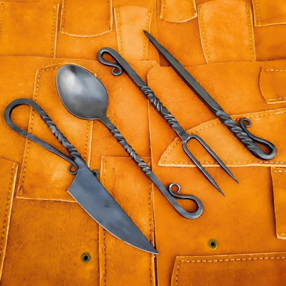 Hand Forged 25Pc Spoon Fork Knife Viking Medieval Feastware Cutlery Set W/ Cover - Image 1 of 4