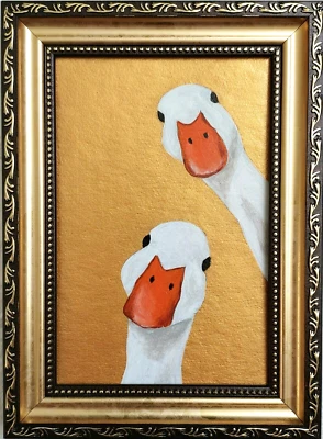 Pintura de ganso de pareja original gansos blancos pintados a mano pintura de pato enmarcada Foto 1 de 4