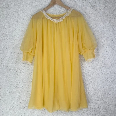 Camisón Kayser Amarillo Transparente Nylon Encaje Manga Abullonada Mediano De Colección Años 70 Foto 1 de 4