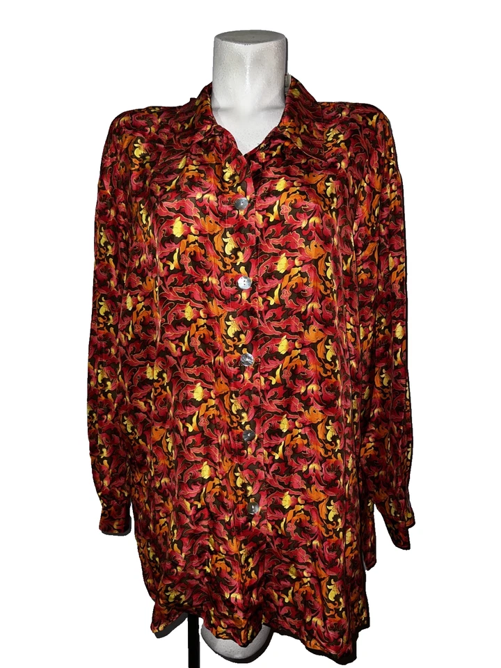 Blusa Melrose Silk Studio Top Mujer Talla 2X Marrón Naranja Rojo Seda Abotonada LS Foto 1 de 4