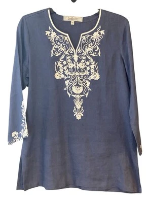 Túnica Bella Tu Talla L Azul Profundo Teñida a Mano Lino Bordada Mangas Ornamentadas Foto 1 de 4