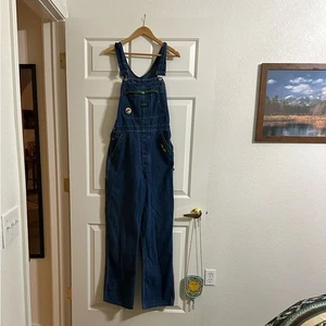Handgefertigte Vintage Ely Blue Denim Jeans Latzhose mit grünem Hirschleder/Patches OS - Bild 1 von 8