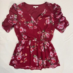 Camisa envolvente Maurices manga corta cuello en V talla pequeña para mujer granate rojo floral XS - Imagen 1 de 13