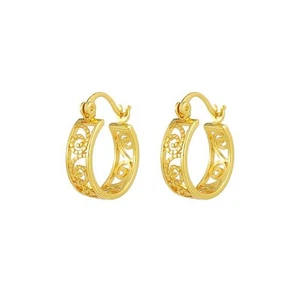 24K Gold Plated Classic Hollow Floral Element Women's Huggie Hoop Drop Earrings - Picture 1 of 3