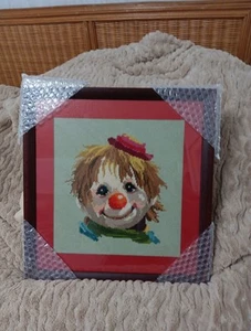 Vintage Needlepoint Clown Finished Wall Hanging Framed 14" X 15" - Picture 1 of 4