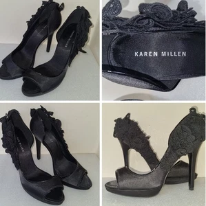 Karen Millen Ladies Size 38 Black Satin Floral Lace Heelback Open Toe High Heels - Picture 1 of 21