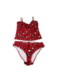 Long Tall Sally Twist Front Tankini Swimsuit Red Leopard Womens 12 - Picture 1 of 10