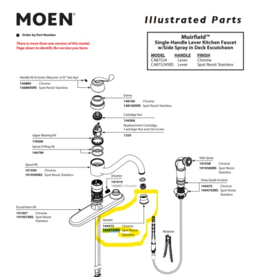 Aireador Moen 144473SRS en acero inoxidable resistente a puntos para grifo de cocina CA87524SRS Foto 1 de 2