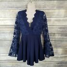 L'atiste By Amy Size M Romper Blue Sheer Bell Sleeve Plunge Neckline Sexy Club