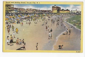 Vintage Postkarte Ocean City NJ New Jersey Strand Badeszene Leinen  - Bild 1 von 4