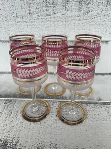 FÜNF MCM 6" geätzte Blätter Wein Cordial Schnapsgläser - Gold mit Preiselbeere - Bild 1 von 9