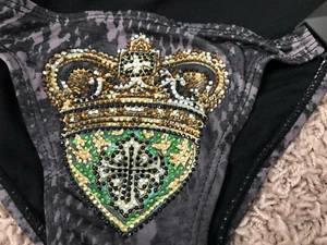 SINFUL AFFLICTION GRAY CROWN WING GREEN YELLOW RHINESTONE METAL BIKINI BOTTOM XS - Picture 1 of 4
