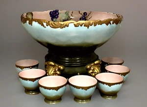 ANTIQUE RARE ORIGINAL T&V LIMOGES FRANCE DEPOSE PUNCH BOWL & 9 CUPS (19D) - Picture 1 of 24