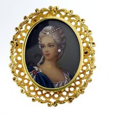 Vintage 18k Y Gold Large Hand Painted Ornate Frame Pin Brooch Pendant Diamonds