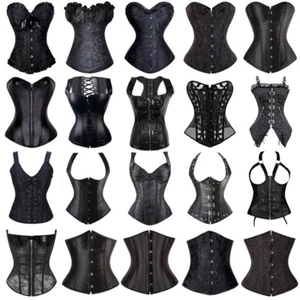 Women Black Steampunk Gothic Waist Trainer Corset Bustier Overbust Basques Plus - Picture 1 of 36