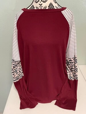 Raglan Long Sleeve Leopard & Stripe Burgundy T-Shirt Top Plus Size 3XL (18W) - Image 1 of 4