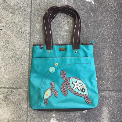 Chala Turtle Mom And Baby Vegan Leather Approx. 16" X 14.5” Tote Bag Purse Green - Image 1 of 4