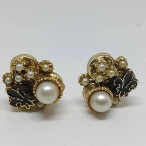 Fleur De Lis Pearl Clip-on Earrings Gold French Paris 0.75" Vintage - Picture 1 of 4