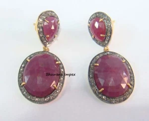 Natural Pave Diamond Ruby & Sterling Silver Handmade Vintage Earrings Jewelry - Picture 1 of 1