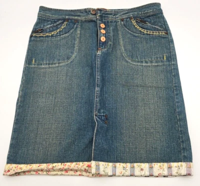 Falda Y2K Azul Asfalto - Talla 9 Cremallera Denim Bordado Floral Bordado Borde Detalles Foto 1 de 4