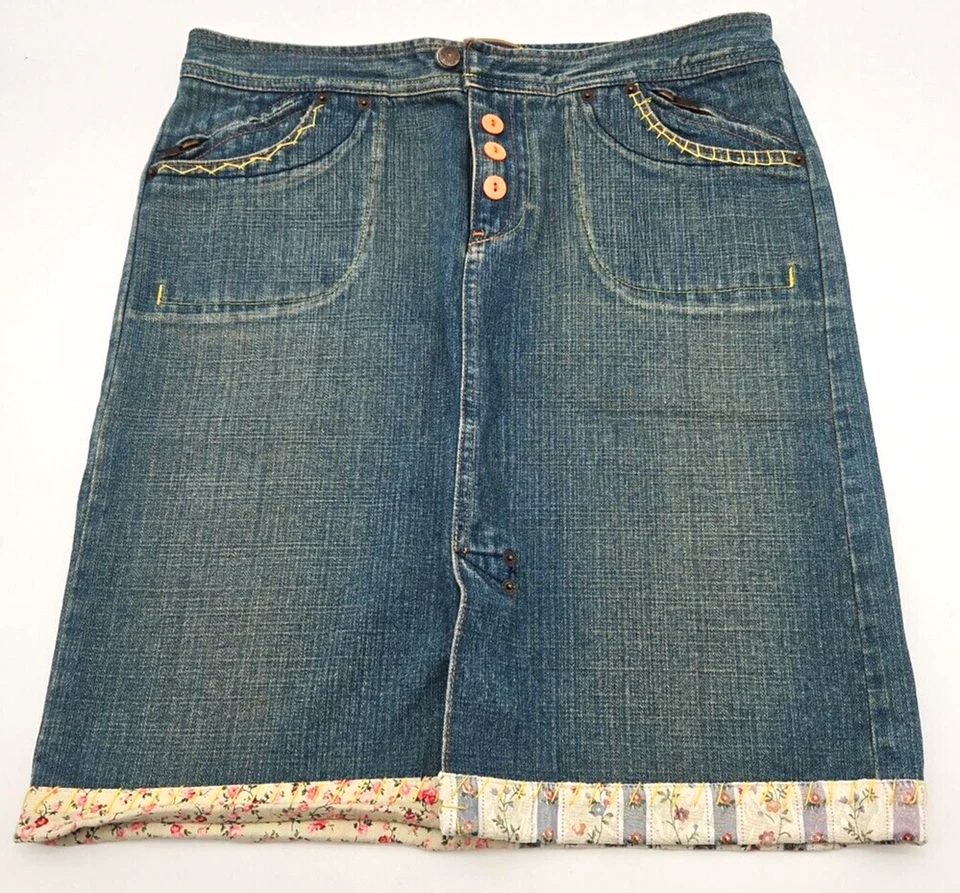 Falda Y2K Azul Asfalto - Talla 9 Cremallera Denim Bordado Floral Bordado Borde Detalles Foto 1 de 4