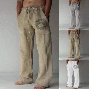 Mens Beach Loose Cotton Linen Pants Yoga Drawstring Elasticated Trouser Summer - Picture 1 of 20