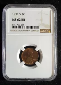 1931-S Lincoln Wheat Cent Penny NGC MS62 RB ♡ KEY DATE ♡ our t2628 - Picture 1 of 4