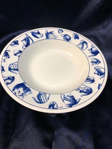 PIER 1 ITALY PER33 RIM SOUP BOWL 8 3/4" BLUE TEAPOTS CUPS & SAUCERS ON WHITE - Picture 1 of 5