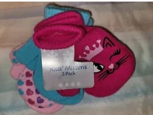 NEW 3pk of Kids' Mittens with Kitty Face on 1 pair & hearts on another - Picture 1 of 3