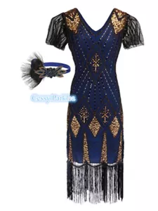 U-A3-3 Ladies Blue Gold 1920s Roaring 20s Flapper Gatsby Costume Sequins 8-18 - Picture 1 of 16